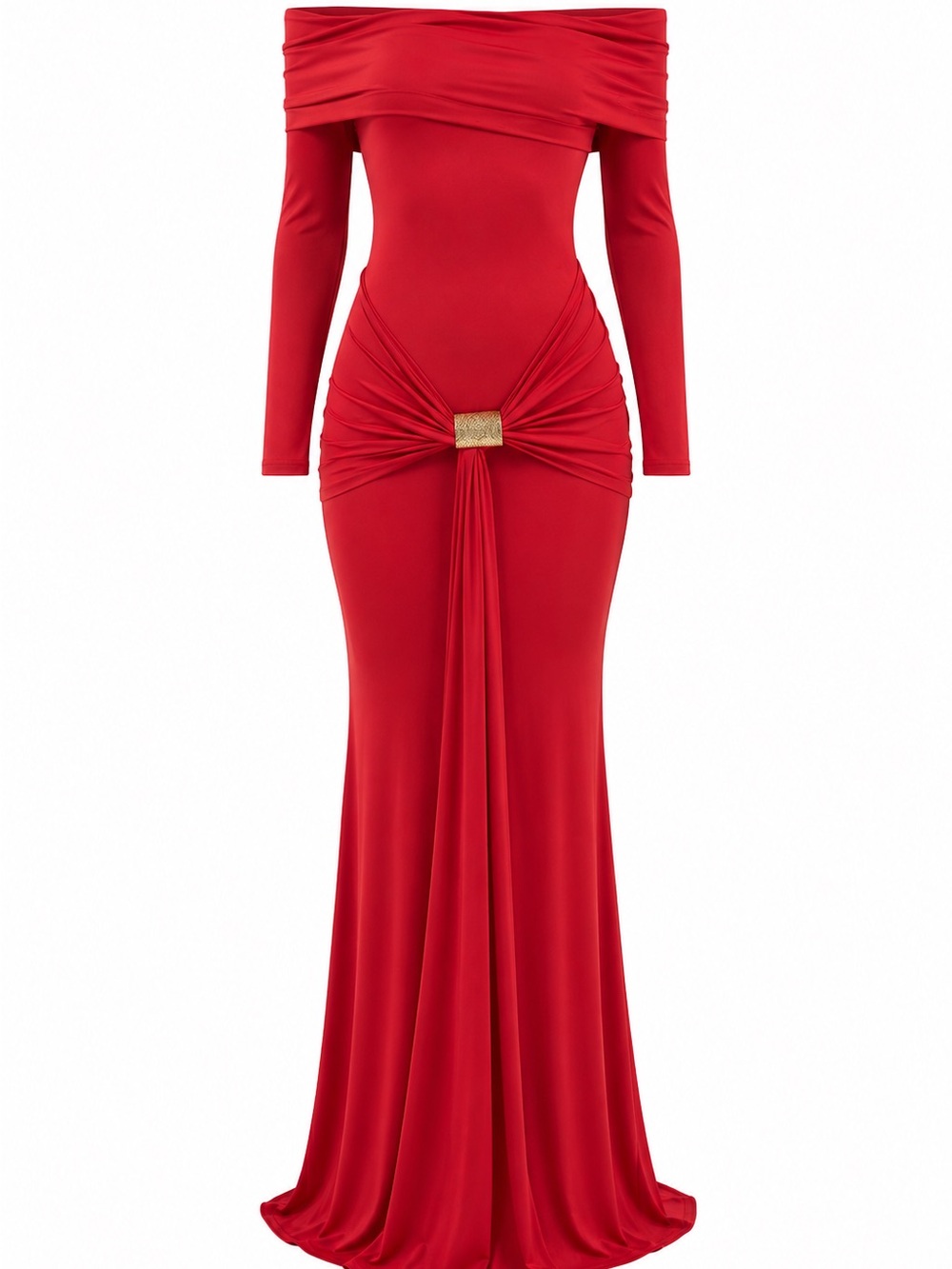 Off-Shoulder Red Evening Gown with Gold Accent